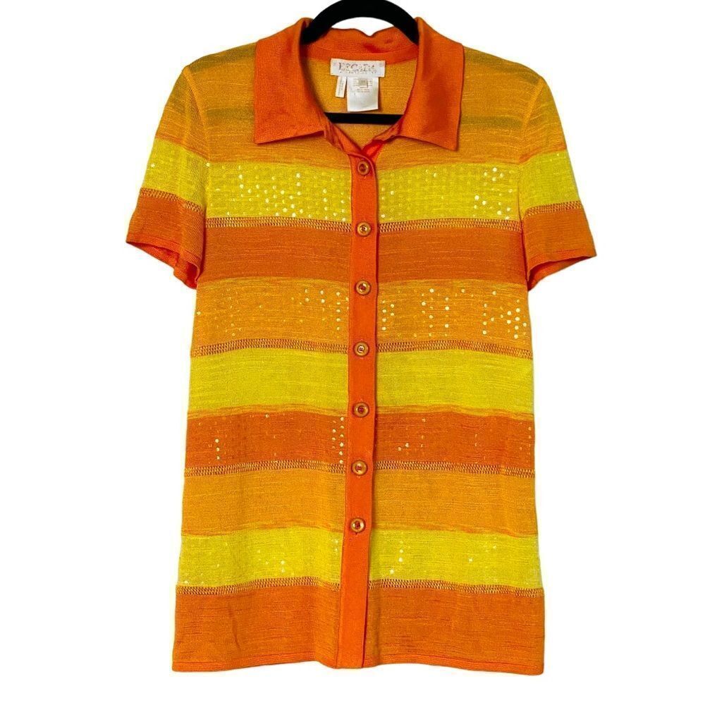 Vtg Escada Margaretha Ley Orange Yellow Stripe Knit Button Up Top Sz EU 34 US S